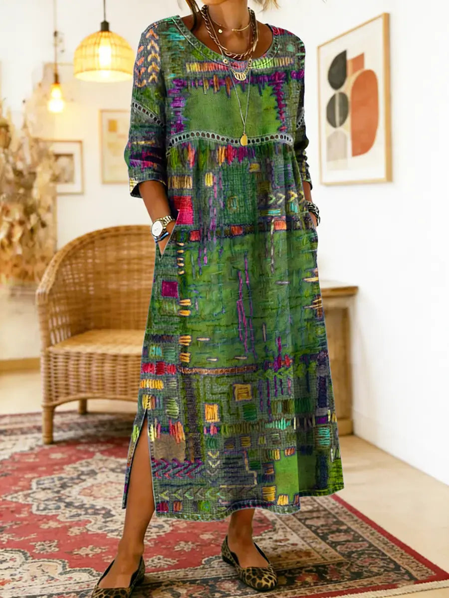 Lunethra - Women's Ethnic Patchwork Denim Dress