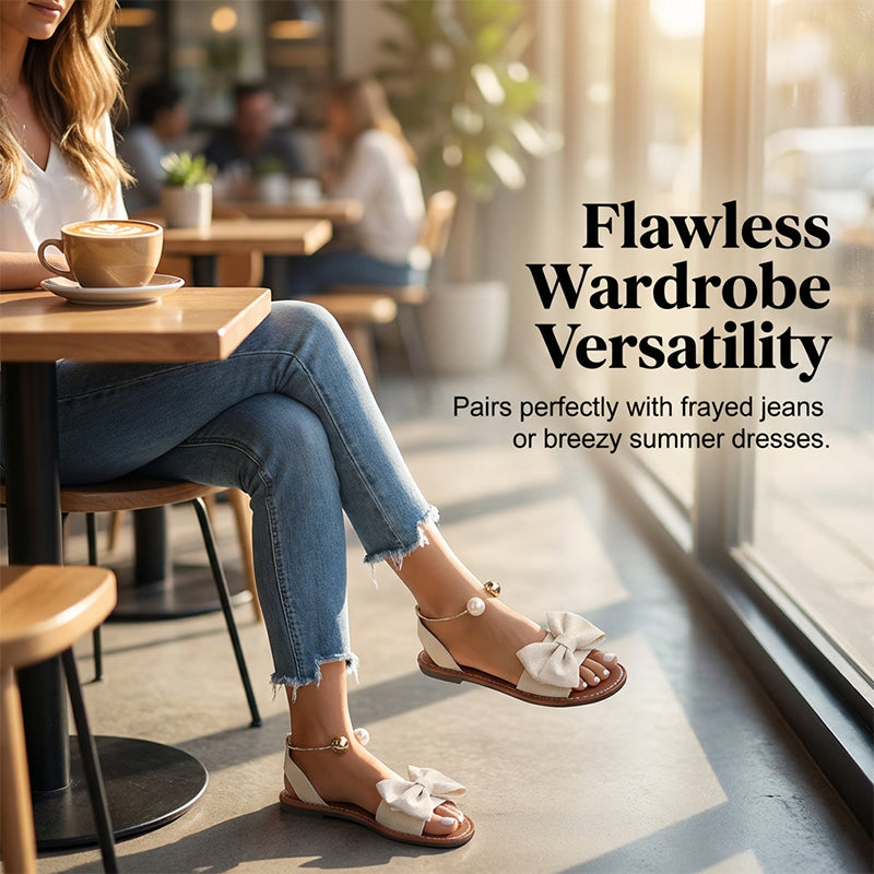 Jaxoria - Women's Flat Sandals with Decorative Bow and Pearls