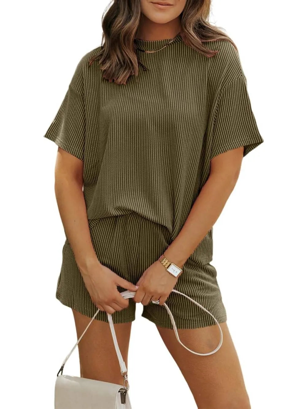 Irina - Ribbed Textured Shorts Set with Round Neck