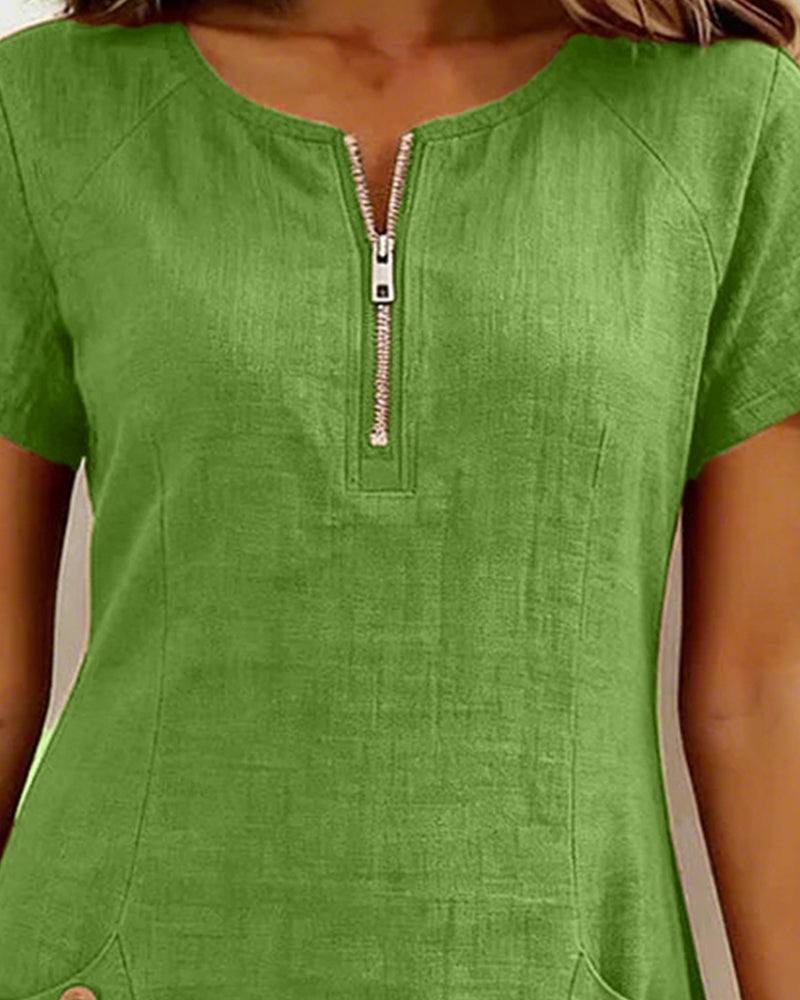 Kovira - Cotton Linen Short Dress with Zipper and Pockets