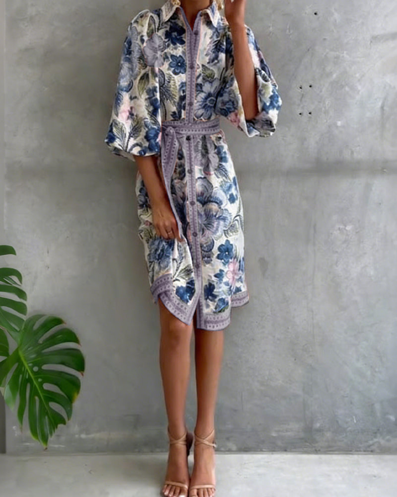 Glyssara - Women's Elegant Floral Dress with Lantern Sleeves and Buttons