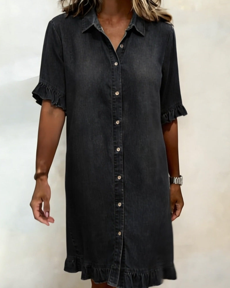Glytha - Women's Denim Buttoned Dress with Ruffle Sleeves, Straight Casual Cut