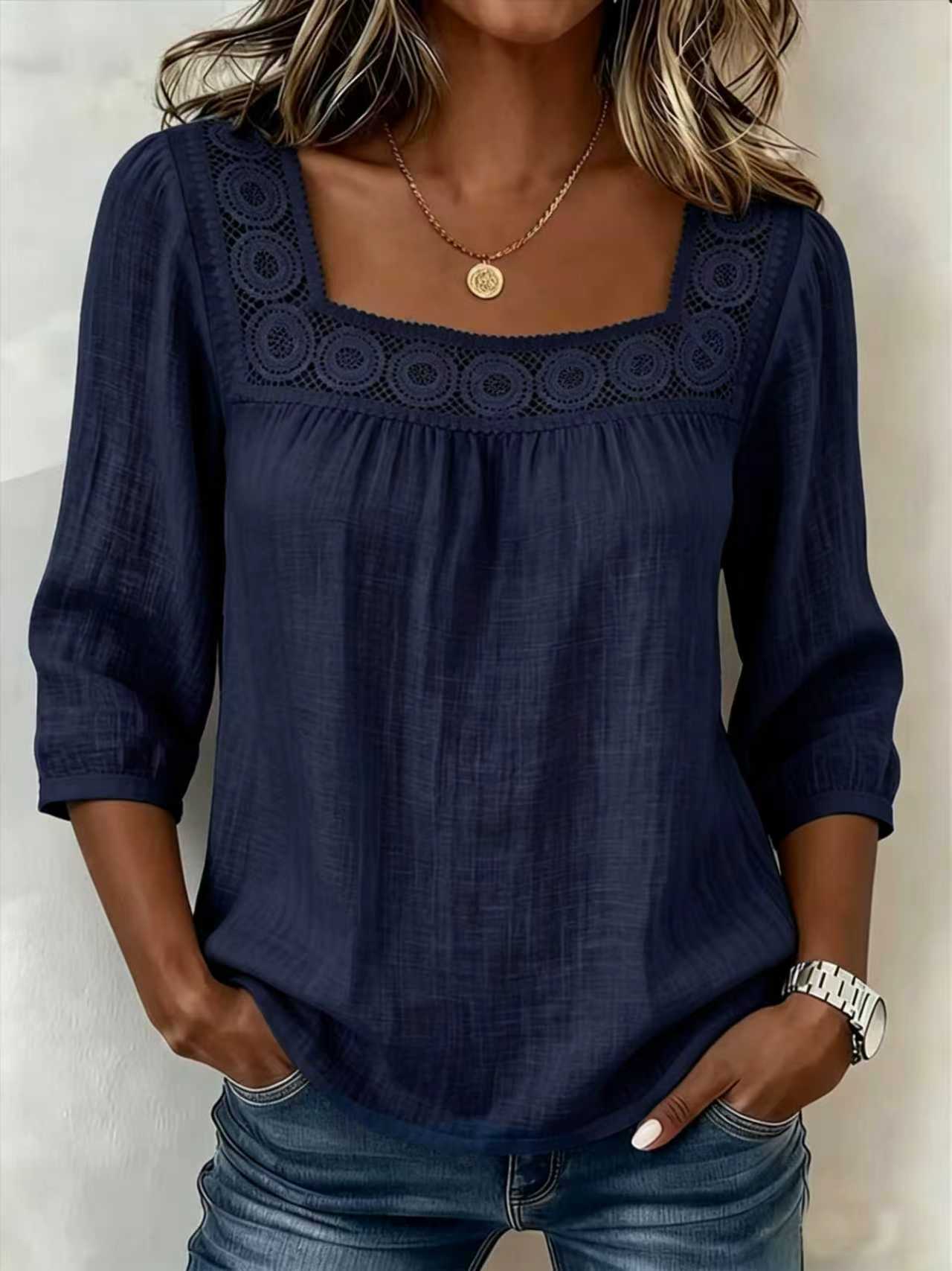 Myzaria - Women's blouse with elegant lace square neckline