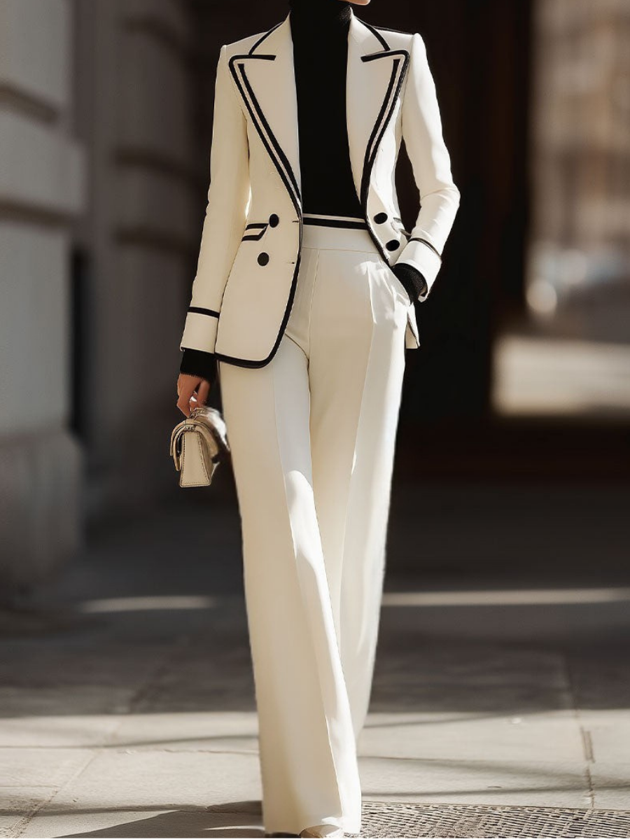 Praxine - Elegant Women's Double-Breasted Blazer and Wide-Leg Pants Suit Set