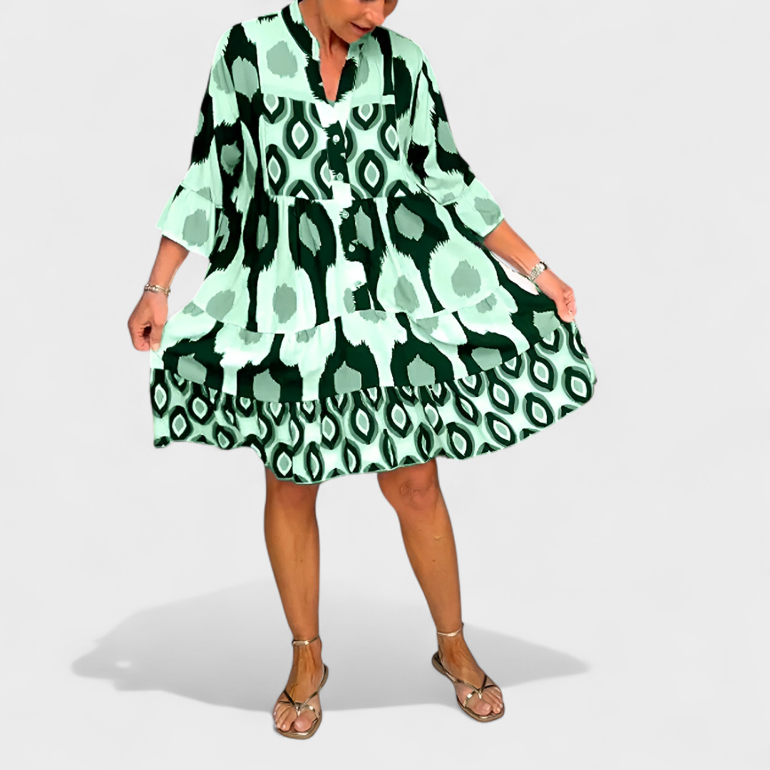 Jorvane - Women's loose-fitting geometric print V-neck dress with sleeves
