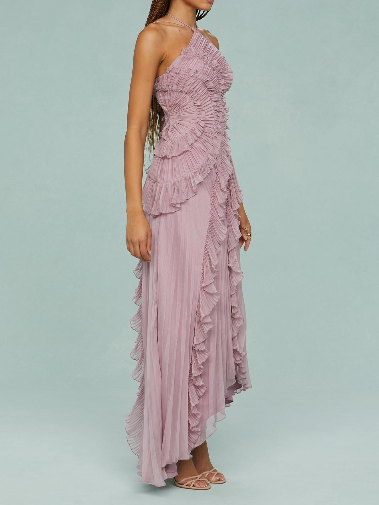 Bravielle - Women's long pleated dress with elegant asymmetric ruffles