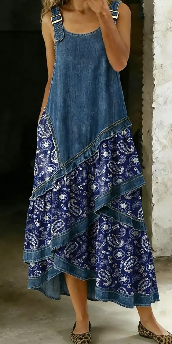 Rovessira - Women's Bohemian Patchwork Denim and Floral Print Maxi Dress