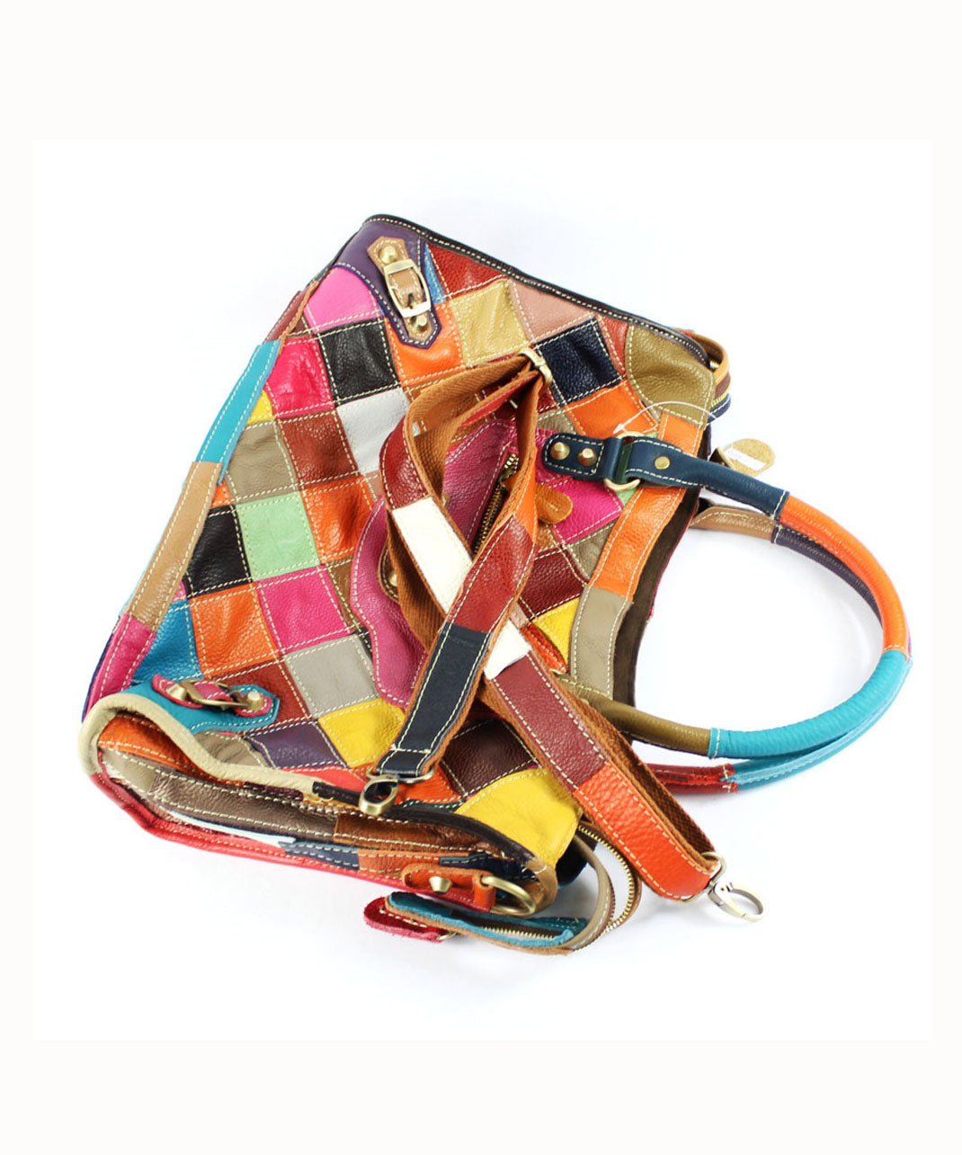 Gravina - Elegant patchwork calfskin tote bag with zipper and colorblock studs