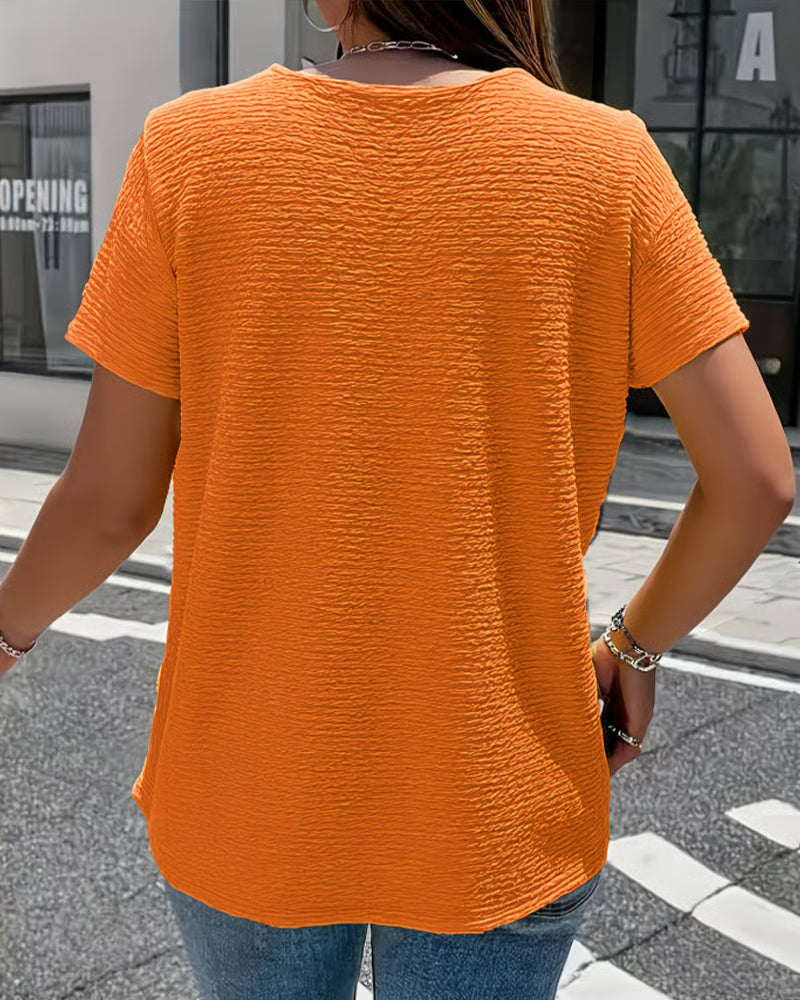 Syzelle - Women's textured round neck short sleeve t-shirt with decorative buttons, elegant