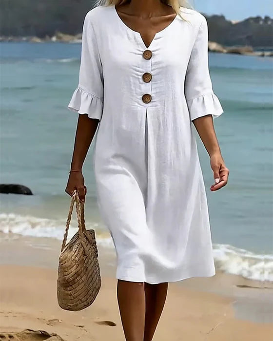 Beatrix - Women's Cotton Linen Dress Flowy Cut Buttons Flared Sleeves Elegant