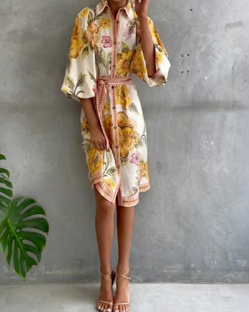 Glyssara - Women's Elegant Floral Dress with Lantern Sleeves and Buttons