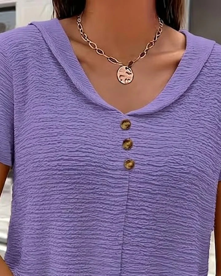 Syzelle - Women's textured round neck short sleeve t-shirt with decorative buttons, elegant