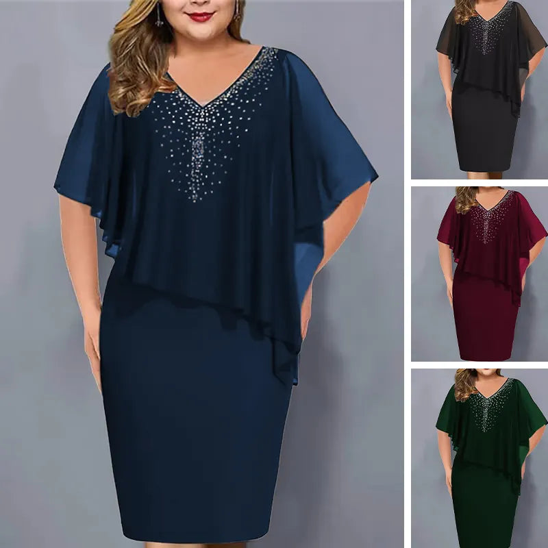 Lorenne - Women's Cape Dress with Rhinestones and Chiffon Overlay