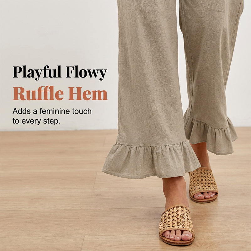 Dorexa - Women's High-Waisted Smocked Wide Leg Boho Cotton Linen Trousers