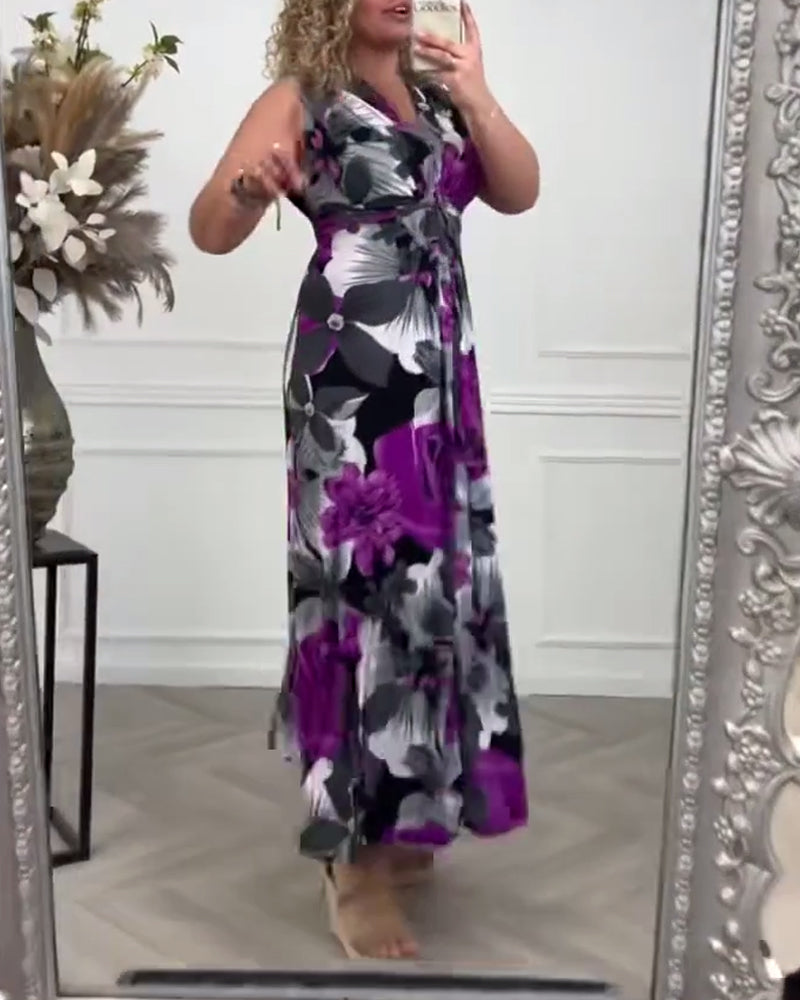 Sacha - Elegant sleeveless dress with pleated floral print
