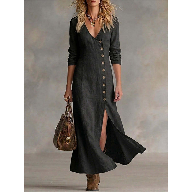 Quinalisse - Elegant Vintage Long Sleeve Midi Shirt Dress