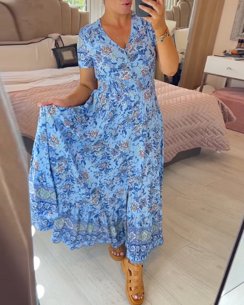 Denise - Floral Print Maxi Dress with V-Neckline