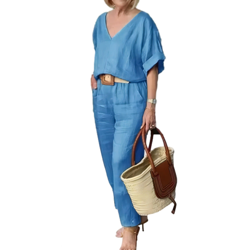 Loxaria - Women's V-neck Top and Pocket Trousers Casual Set