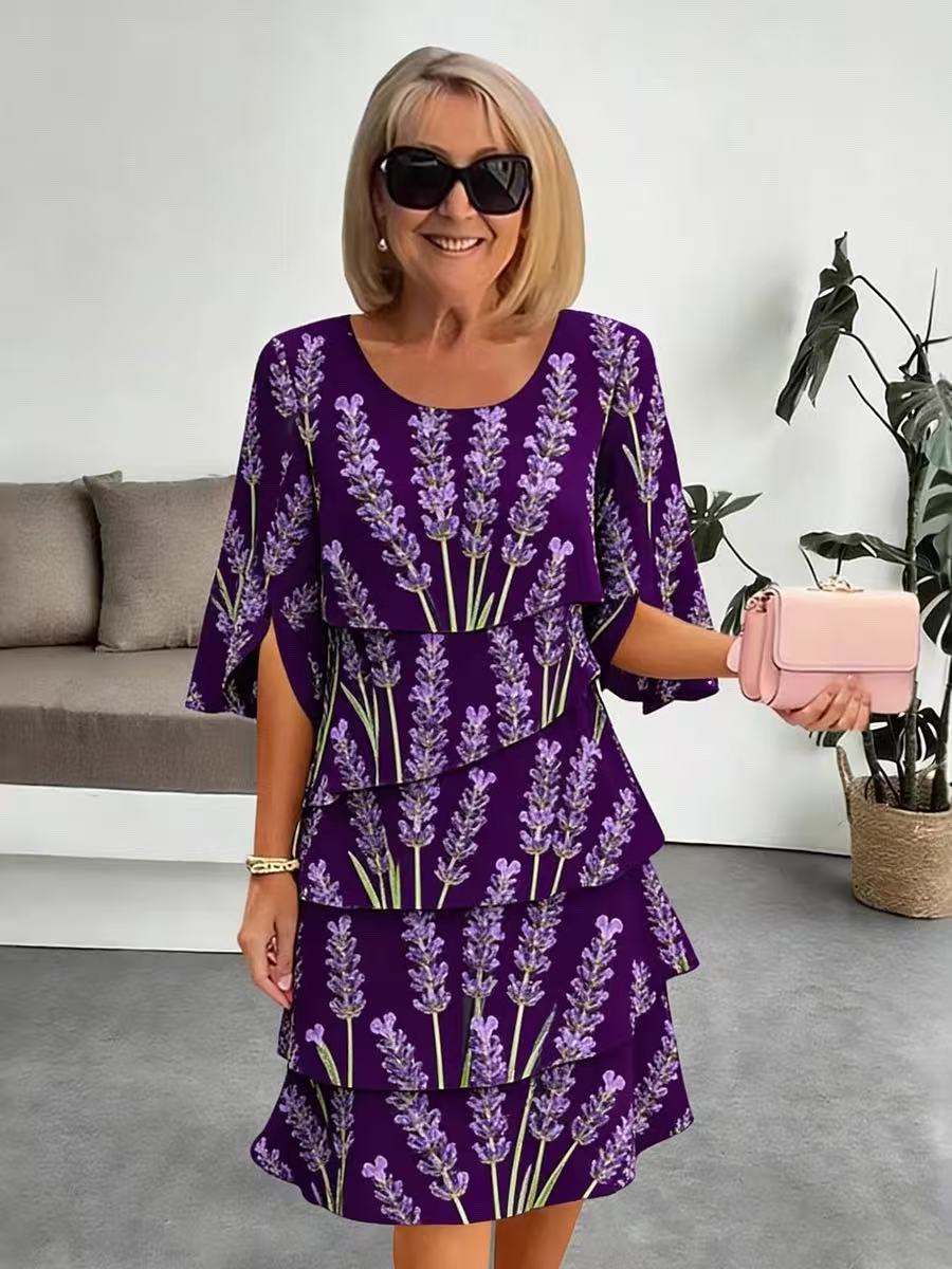 Elyvane - Women's Midi Floral Print Ruffled Slit Sleeve Dress