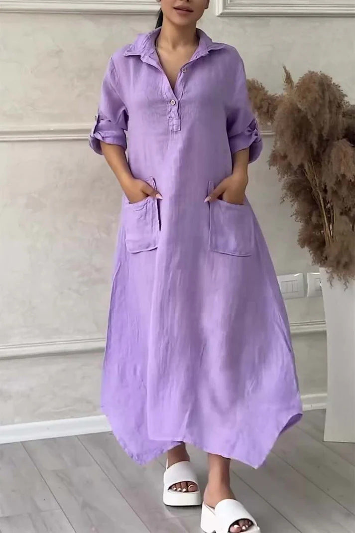 Leontine - Women's maxi dress in linen and cotton with lapels
