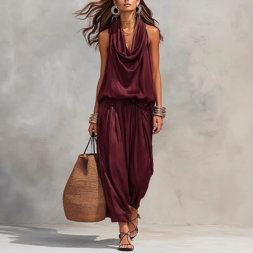 Qyraxa - Elegant two-piece flowing polyester women's set for summer evenings