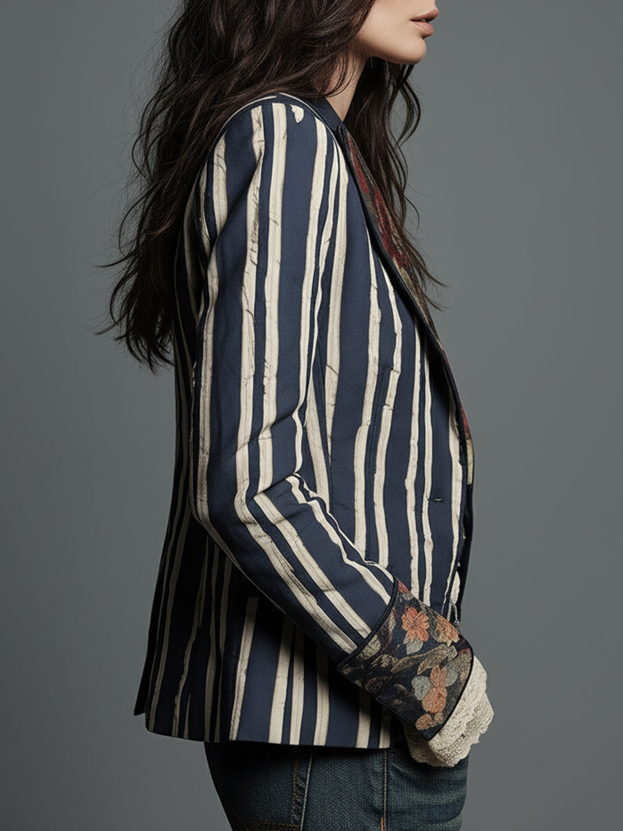 Avenorix - Chic Vintage Floral Print Bohemian Striped Women's Blazer