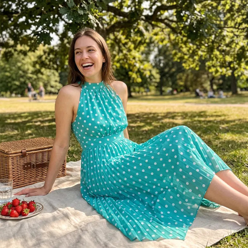 Theodora - Robe maxi femme à pois et col halter