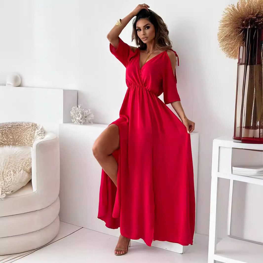 Havessira - Elegant Off-Shoulder V-Neck Maxi Dress