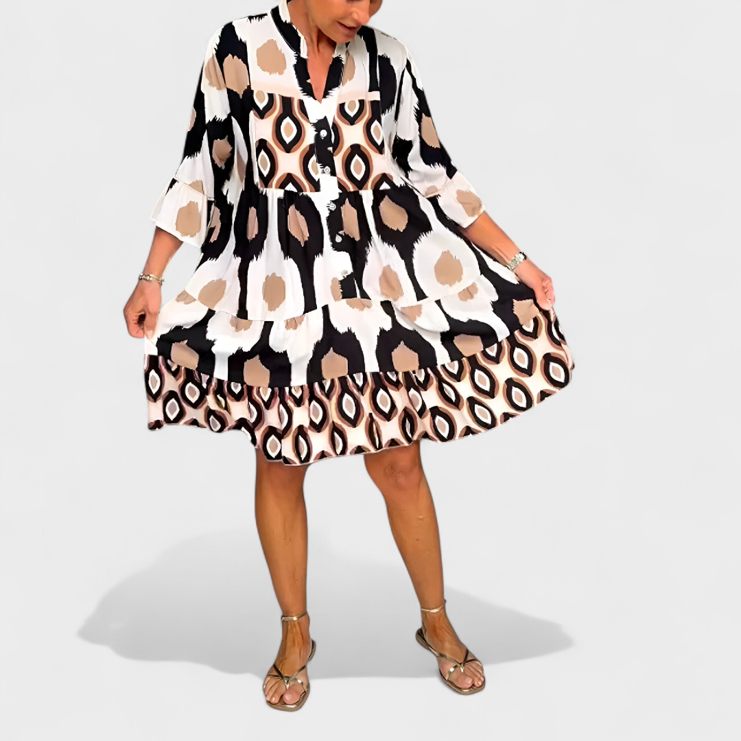 Jorvane - Women's loose-fitting geometric print V-neck dress with sleeves
