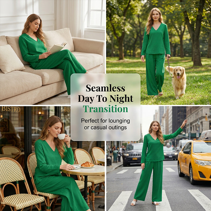 Sovalyne - Women's Casual V-Neck Top and Flowy Wide-Leg Pants Set