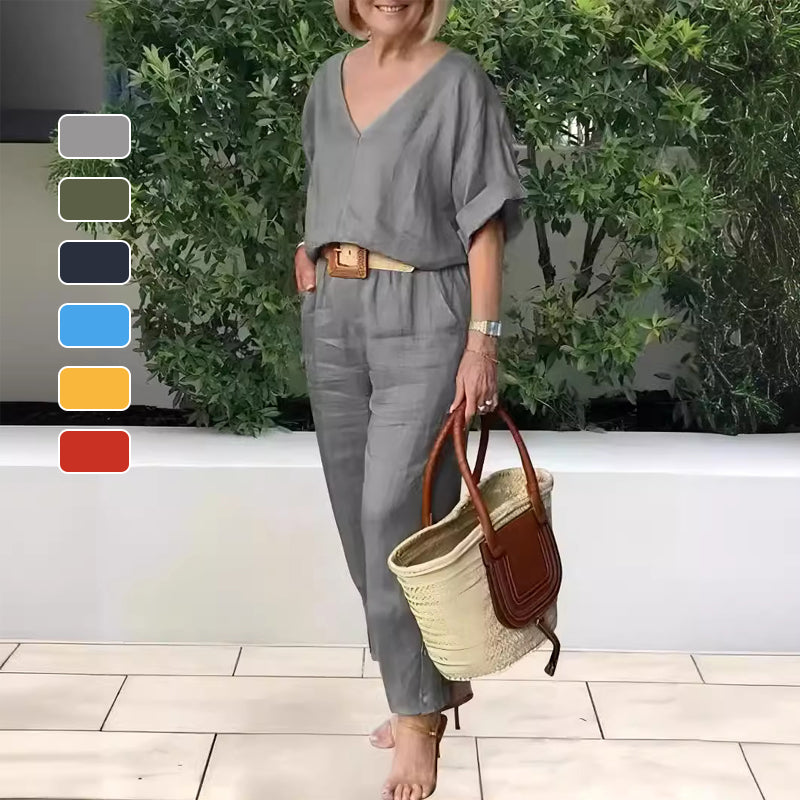 Loxaria - Women's V-neck Top and Pocket Trousers Casual Set
