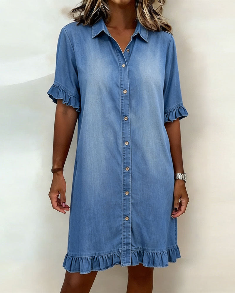 Glytha - Women's Denim Buttoned Dress with Ruffle Sleeves, Straight Casual Cut