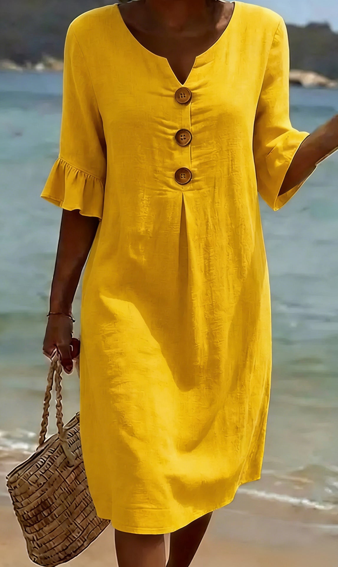 Beatrix - Women's Cotton Linen Dress Flowy Cut Buttons Flared Sleeves Elegant