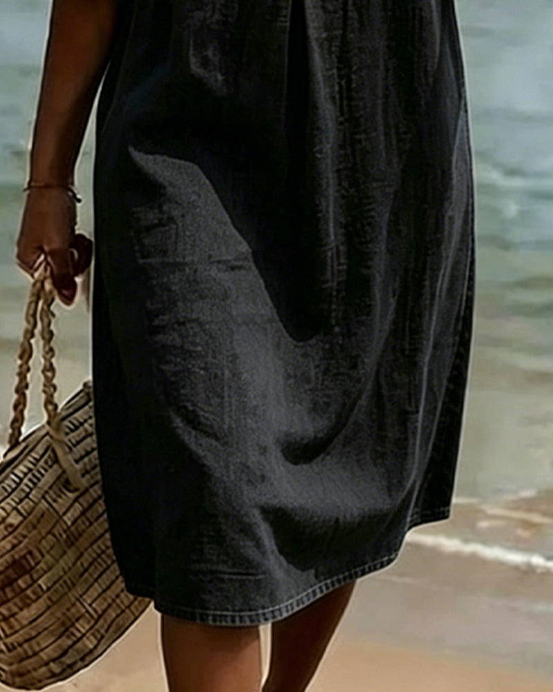 Fynorae - Women's denim dress with ruffled sleeves, flowy cut, for summer beach