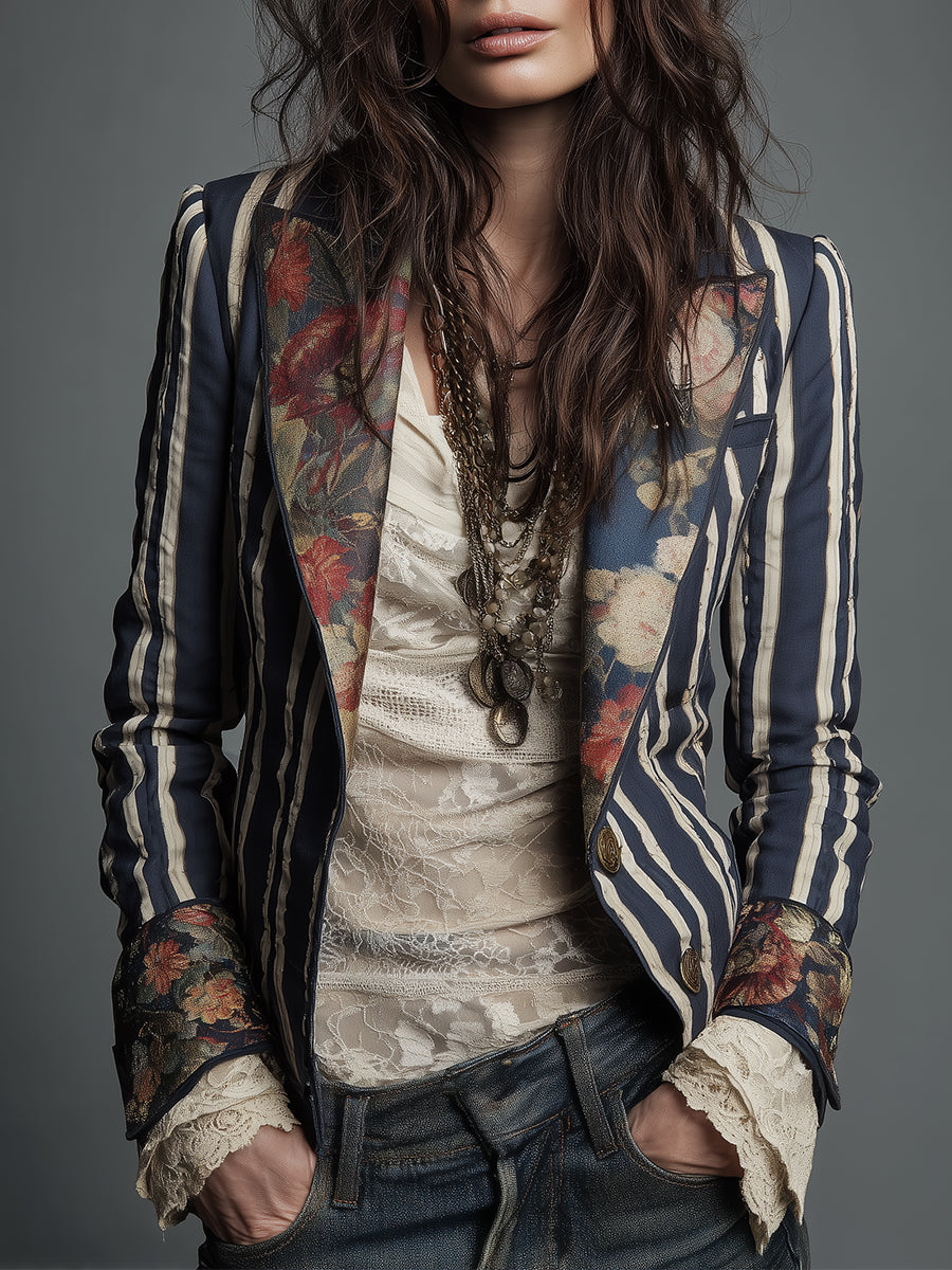 Avenorix - Chic Vintage Floral Print Bohemian Striped Women's Blazer