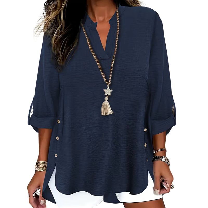Kymora - Women's Loose V-Neck Top with Side Slits and Buttons