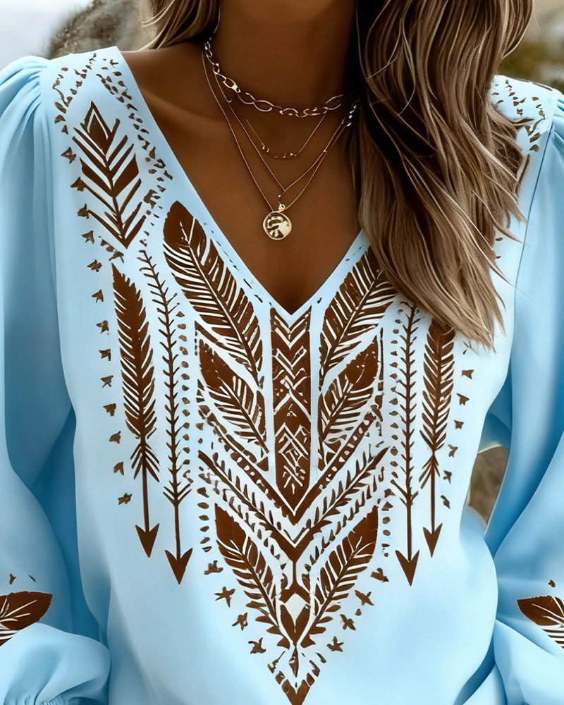 Ixavelle - Women's bohemian printed blouse with V-neck and puffed sleeves