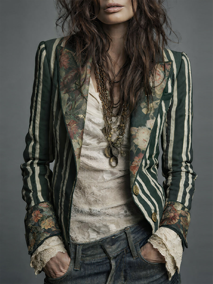 Avenorix - Chic Vintage Floral Print Bohemian Striped Women's Blazer
