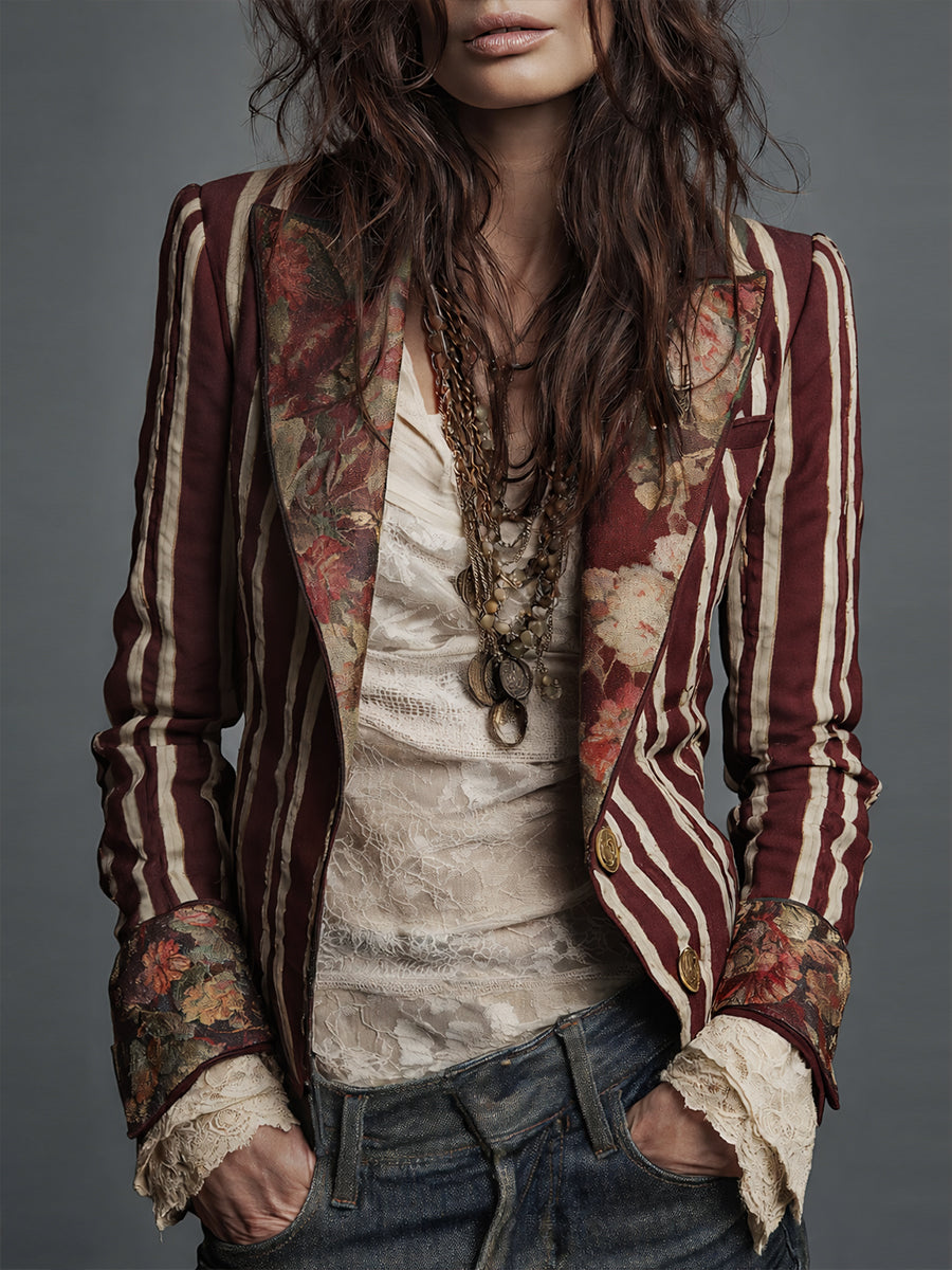 Avenorix - Chic Vintage Floral Print Bohemian Striped Women's Blazer