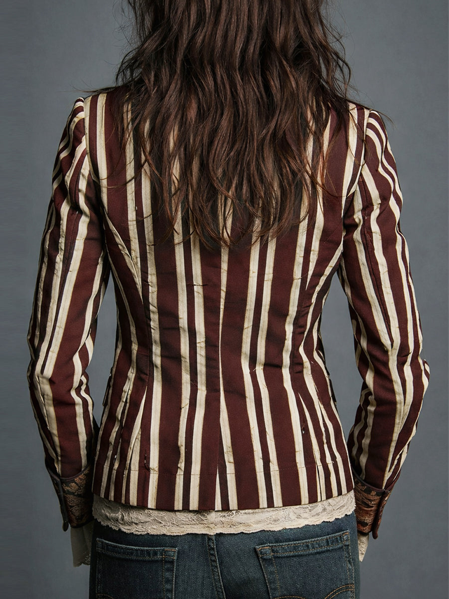 Avenorix - Chic Vintage Floral Print Bohemian Striped Women's Blazer