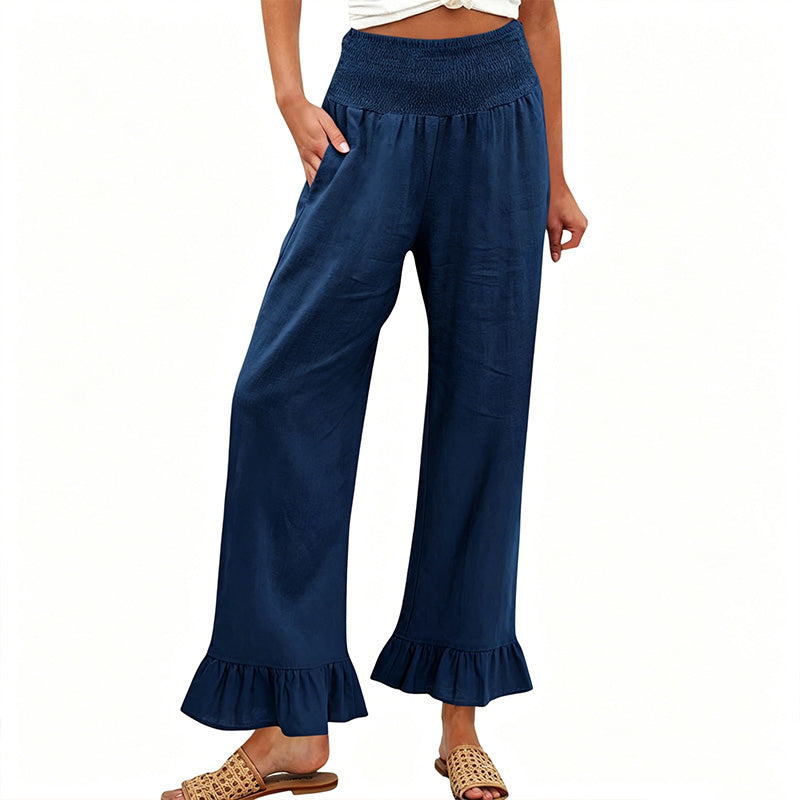 Dorexa - Women's High-Waisted Smocked Wide Leg Boho Cotton Linen Trousers