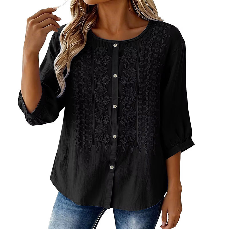 Sorivelle - Women's 3/4-Sleeve Cotton and Linen Embroidered Blouse