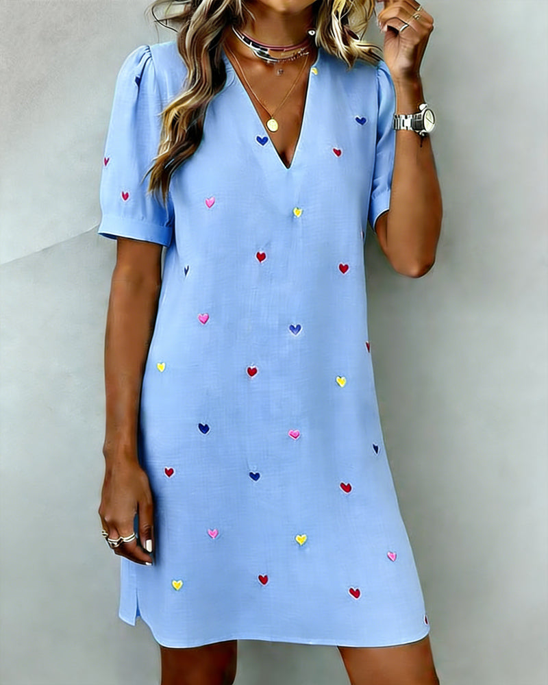 Tivoria - Women's short V-neck dress with heart print, cotton, linen, short sleeves