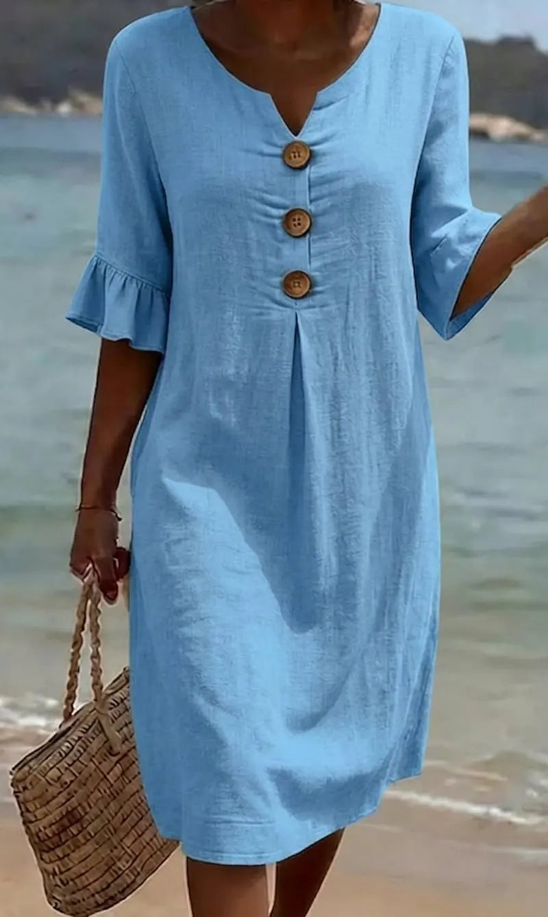 Beatrix - Women's Cotton Linen Dress Flowy Cut Buttons Flared Sleeves Elegant