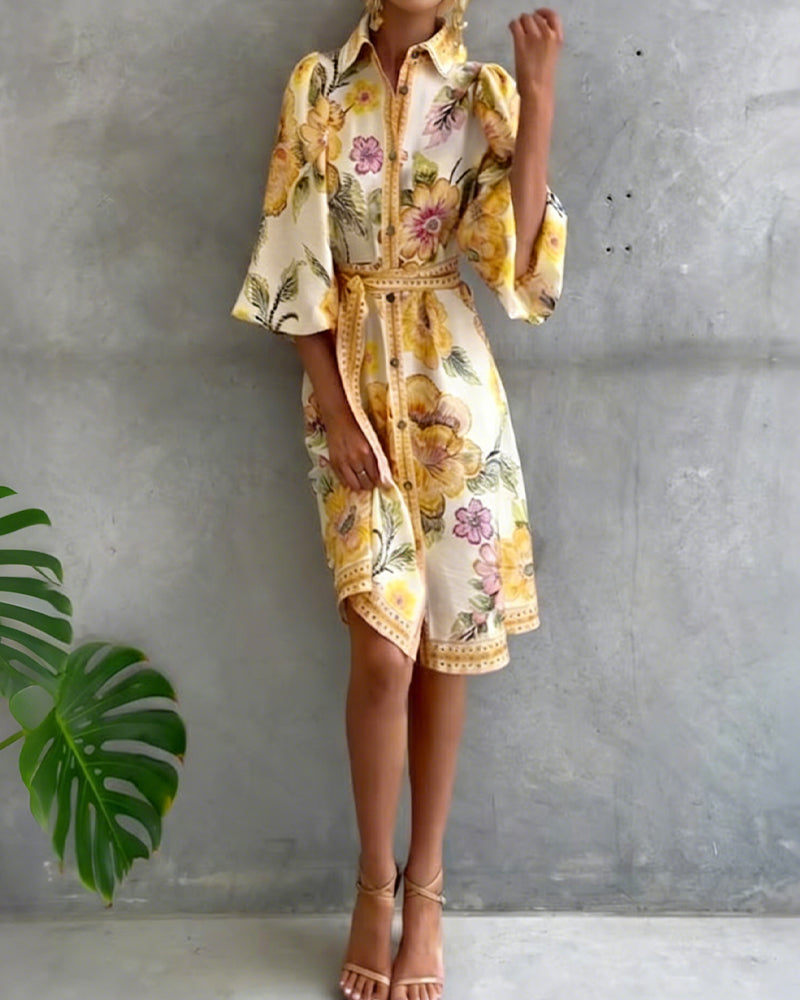 Glyssara - Women's Elegant Floral Dress with Lantern Sleeves and Buttons
