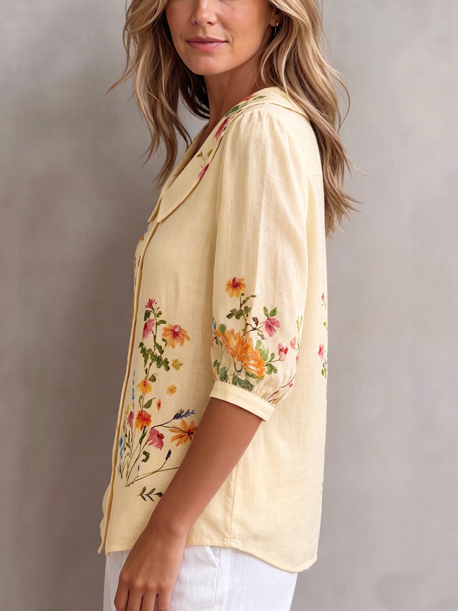 Mavessia - Women's vintage artistic floral print cotton and linen shirt