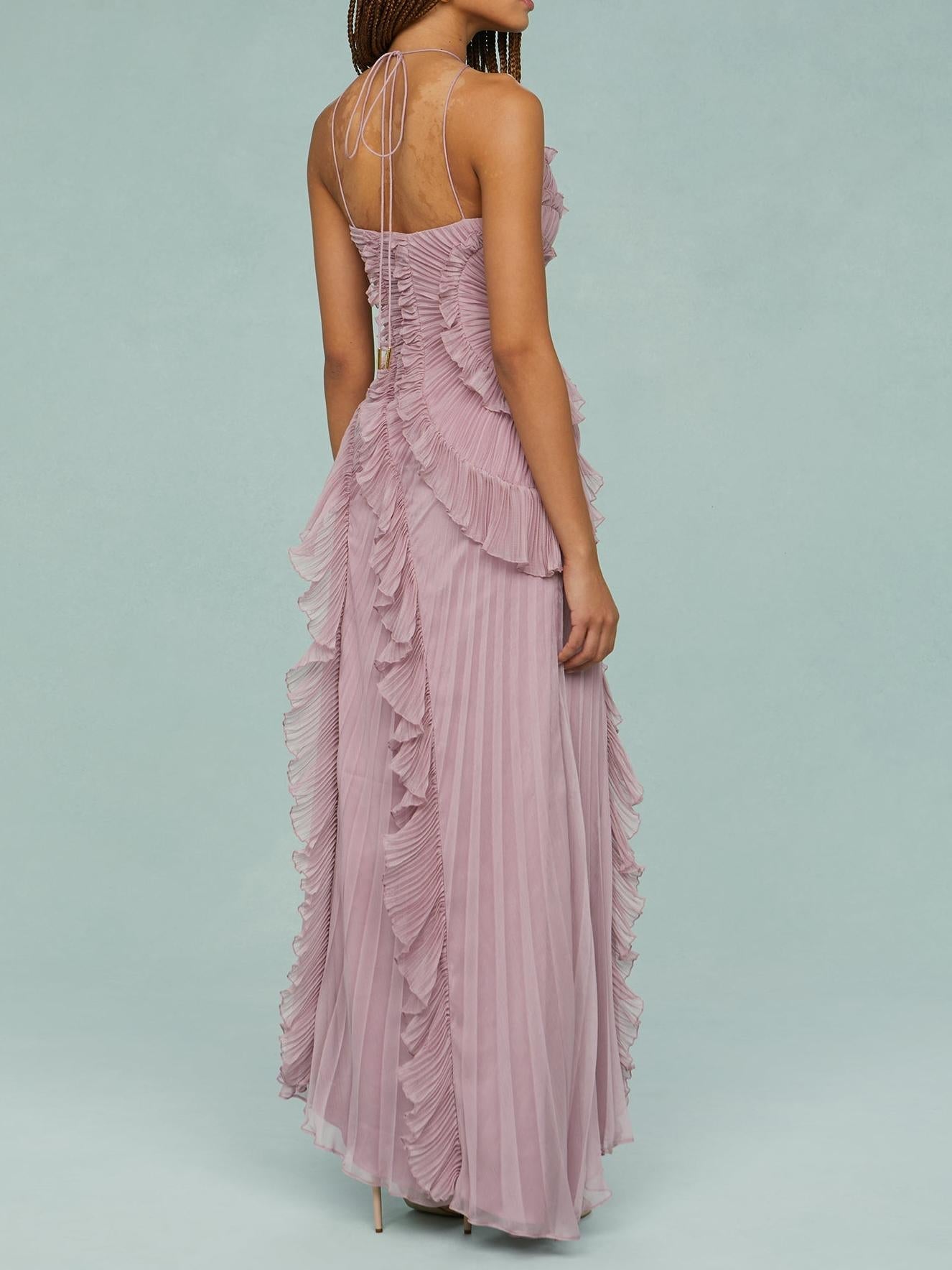 Bravielle - Women's long pleated dress with elegant asymmetric ruffles