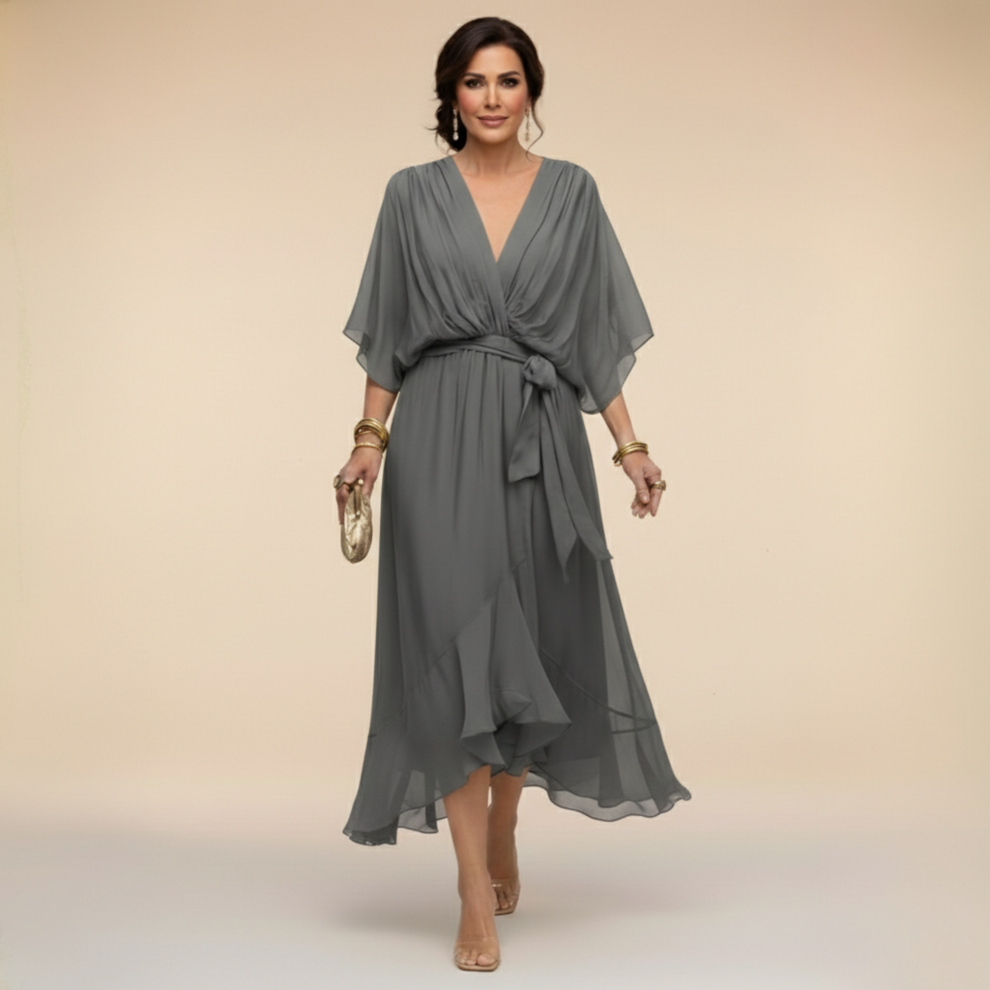 Lazira - Women's flowing midi dress with V-neck, wide sleeves, and elegant belt