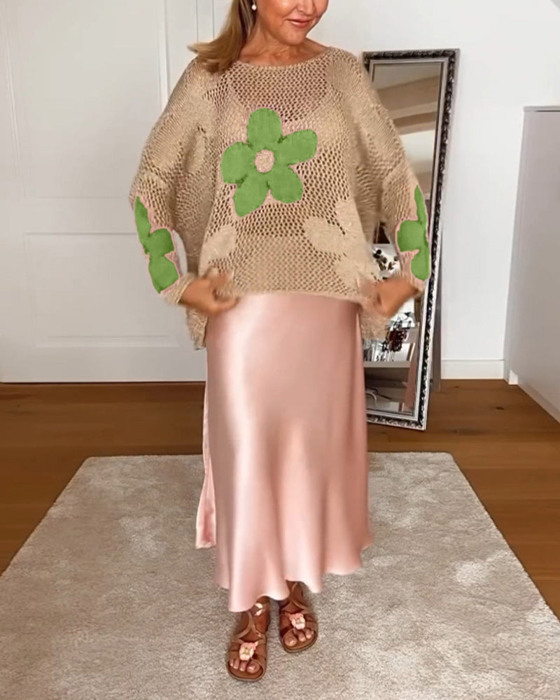 Sasha - Floral knit sweater with long openwork sleeves