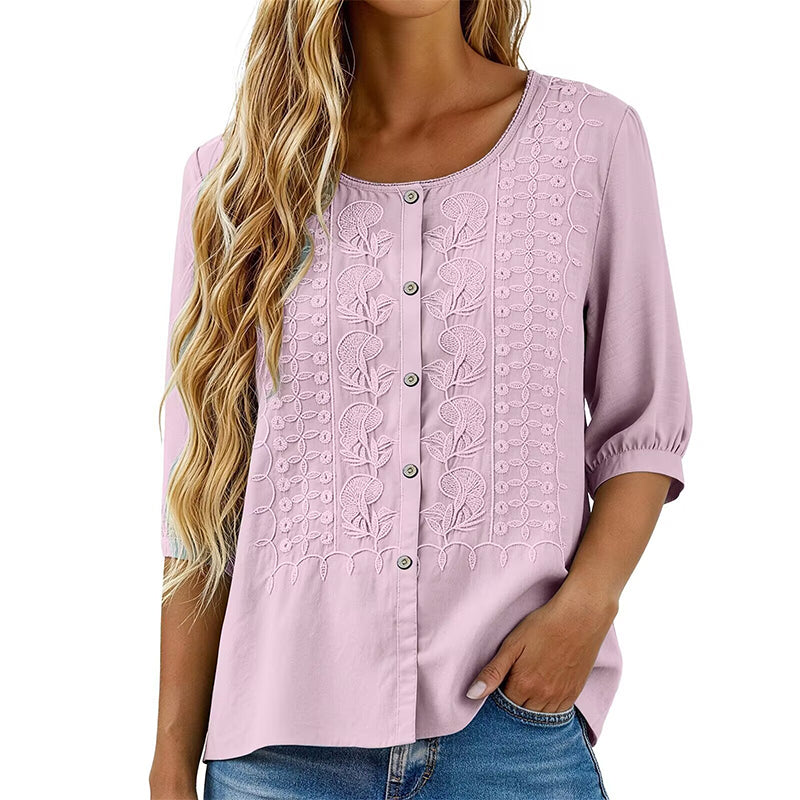 Sorivelle - Women's 3/4-Sleeve Cotton and Linen Embroidered Blouse